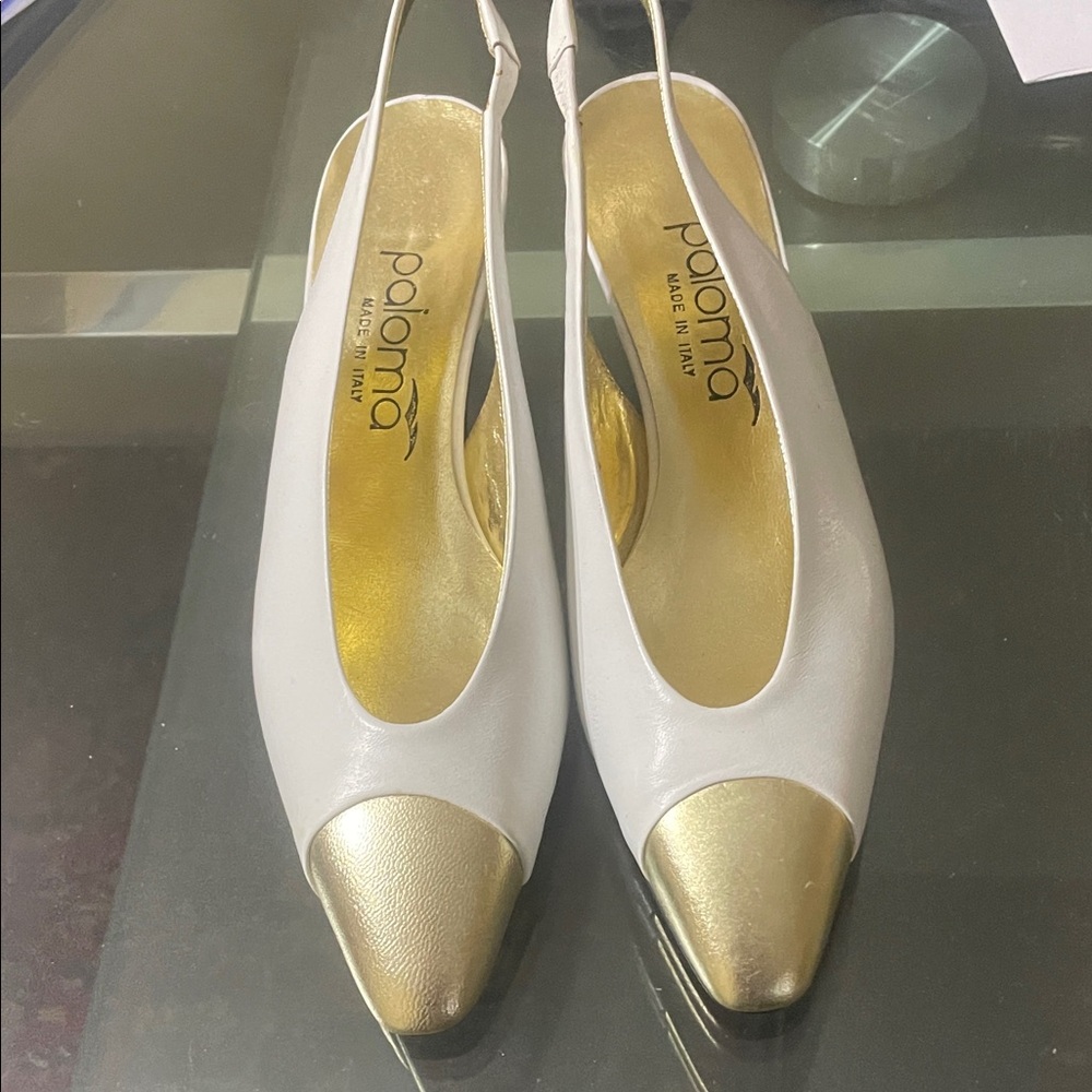 Paloma Picasso White and Gold Women's Slingback Shoes